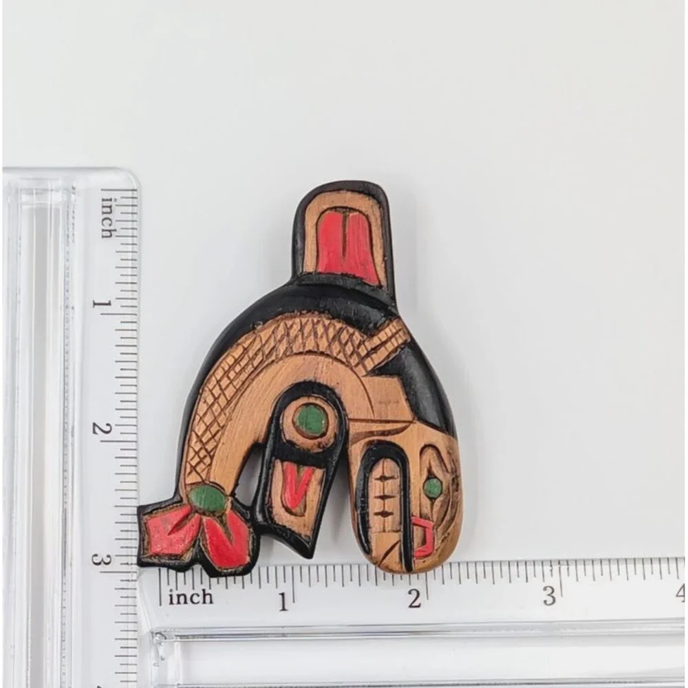 Artie George Signed Killer Whale Brooch Carved Yellow Cedar Salish First Nations